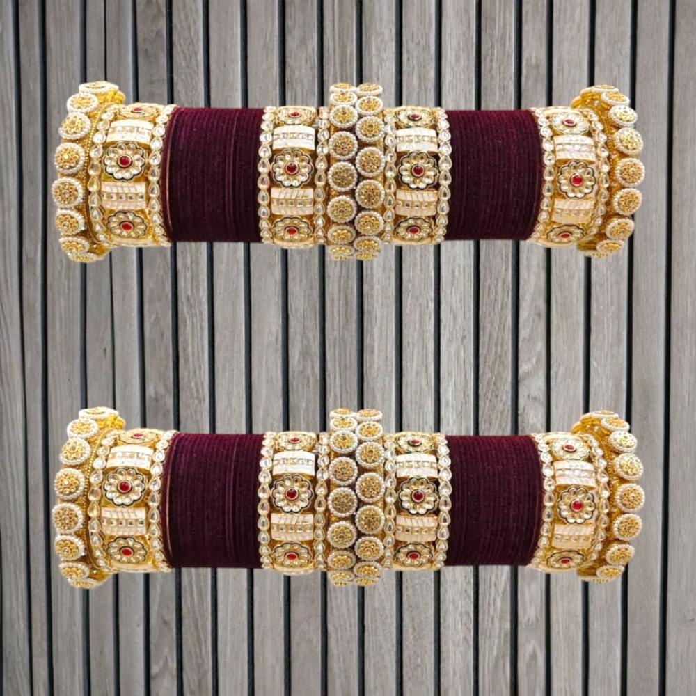 Pooja Bangles Gold Plated Pota Stone Velvet Bangles Set