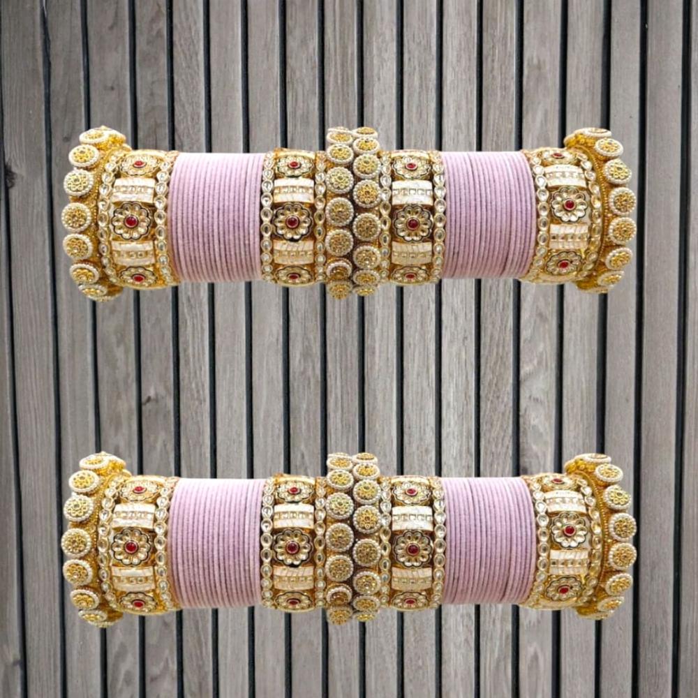 Pooja Bangles Gold Plated Pota Stone Velvet Bangles Set
