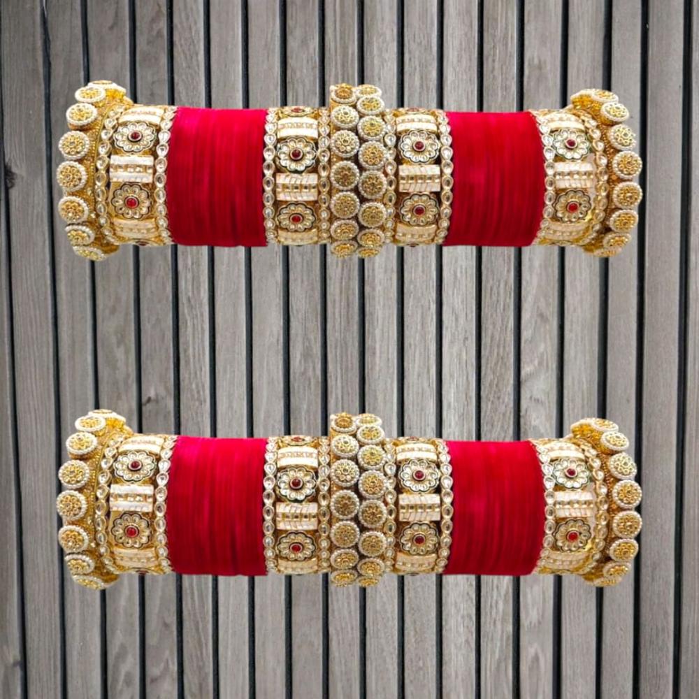 Pooja Bangles Gold Plated Pota Stone Velvet Bangles Set