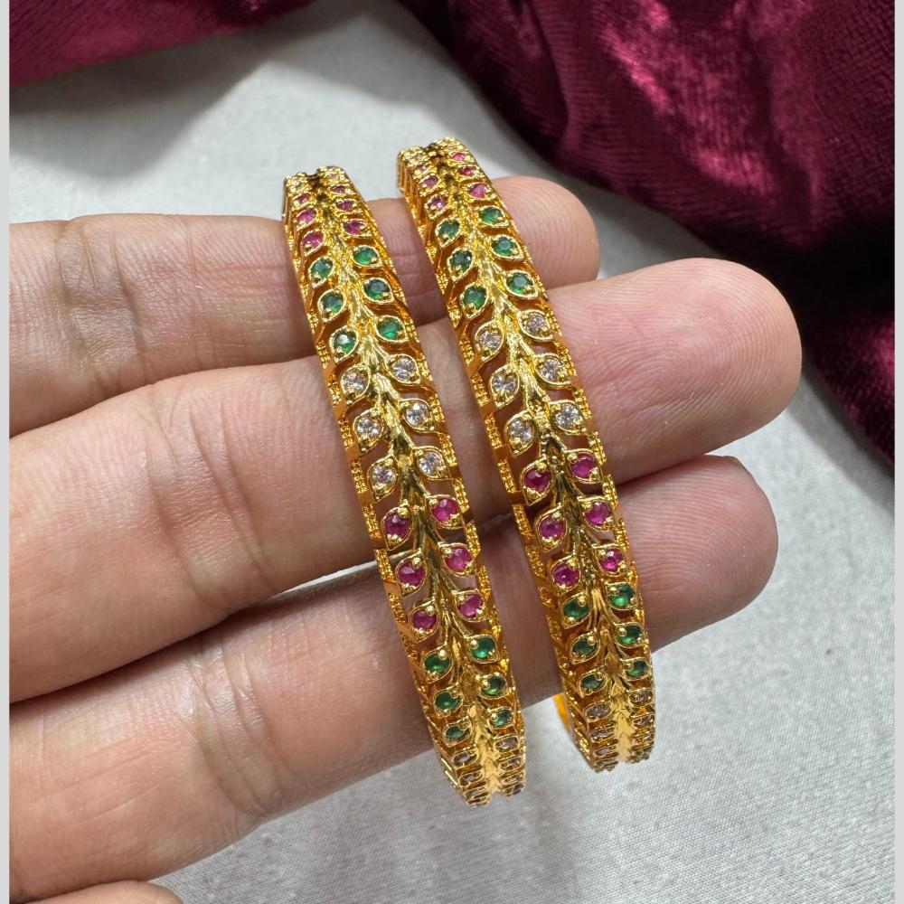 Pooja Bangles Gold Plated Sparkling Green & Pink Austrian Stone Bangles Set