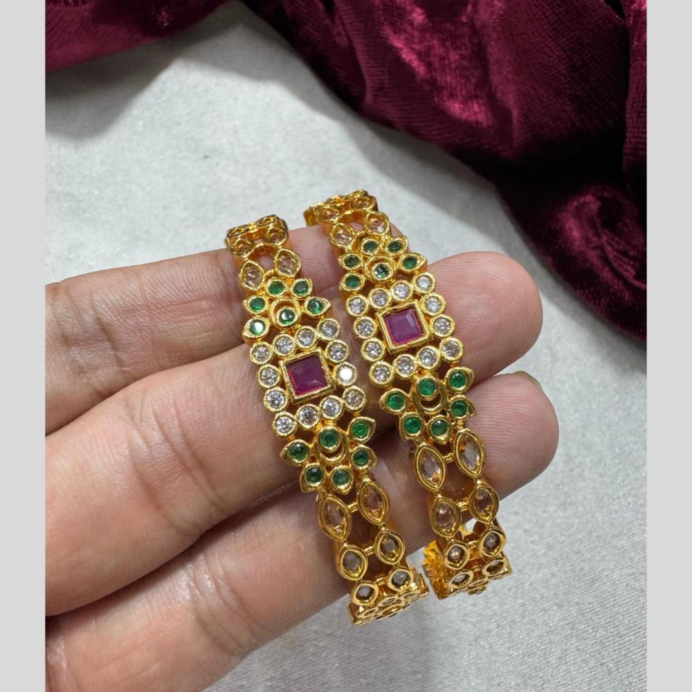 Pooja Bangles Gold Plated Pota Work And Green & Pink Austrian Stone Embellishment Set