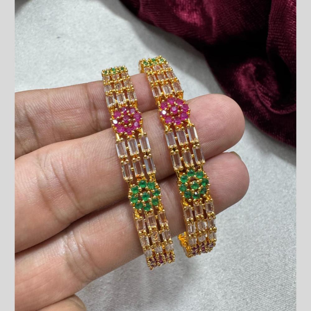 Pooja Bangles Gold Finish Green & Pink Crystal And Austrian Stone Bangles Set