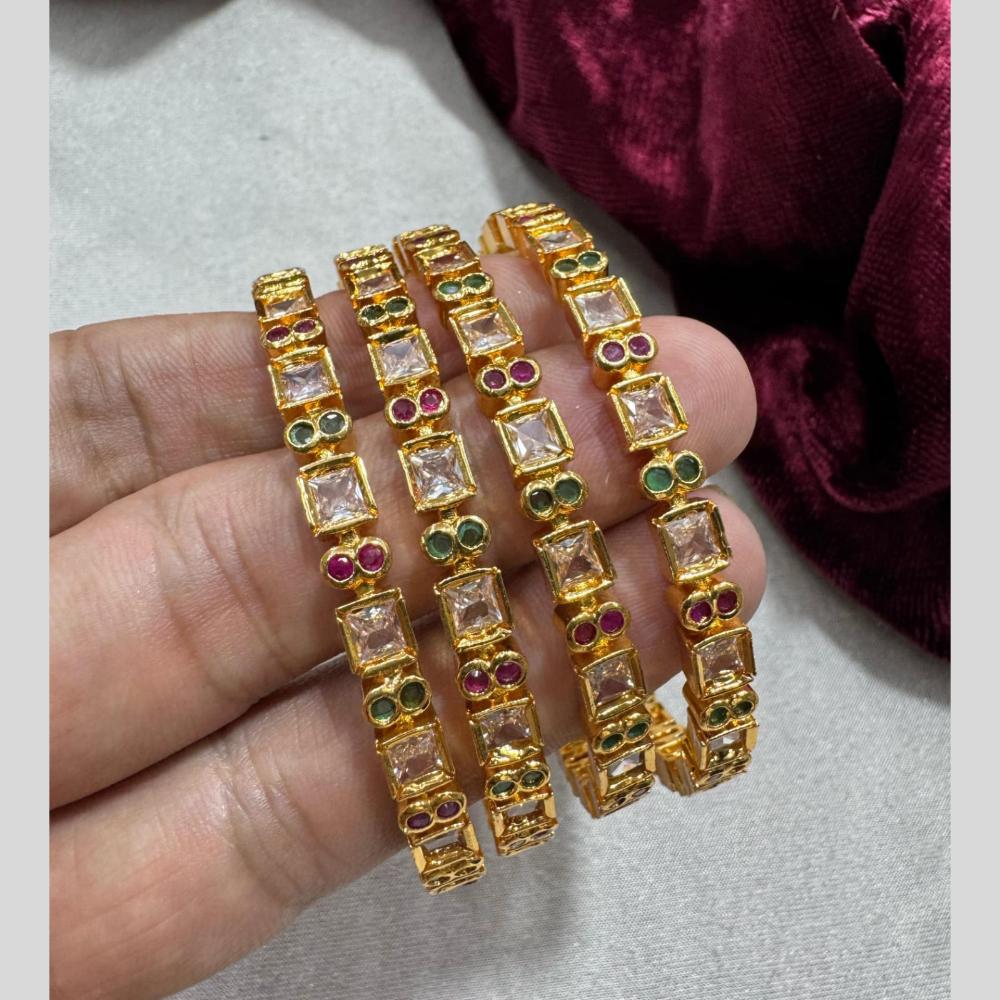 Pooja Bangles Gold Plated Pota Work And Green & Pink Austrian Stone Embellishment Set