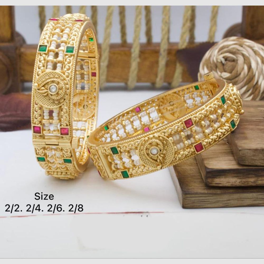 Pooja Bangles Gold Plated Pota Stone And Pearl Openable Bangles Set