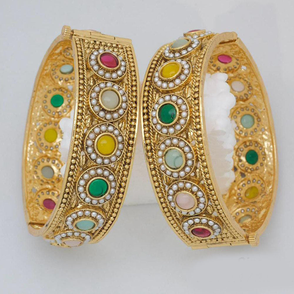 Pooja Bangles Gold Plated Pota Stone And Pearl Openable Bangles Set