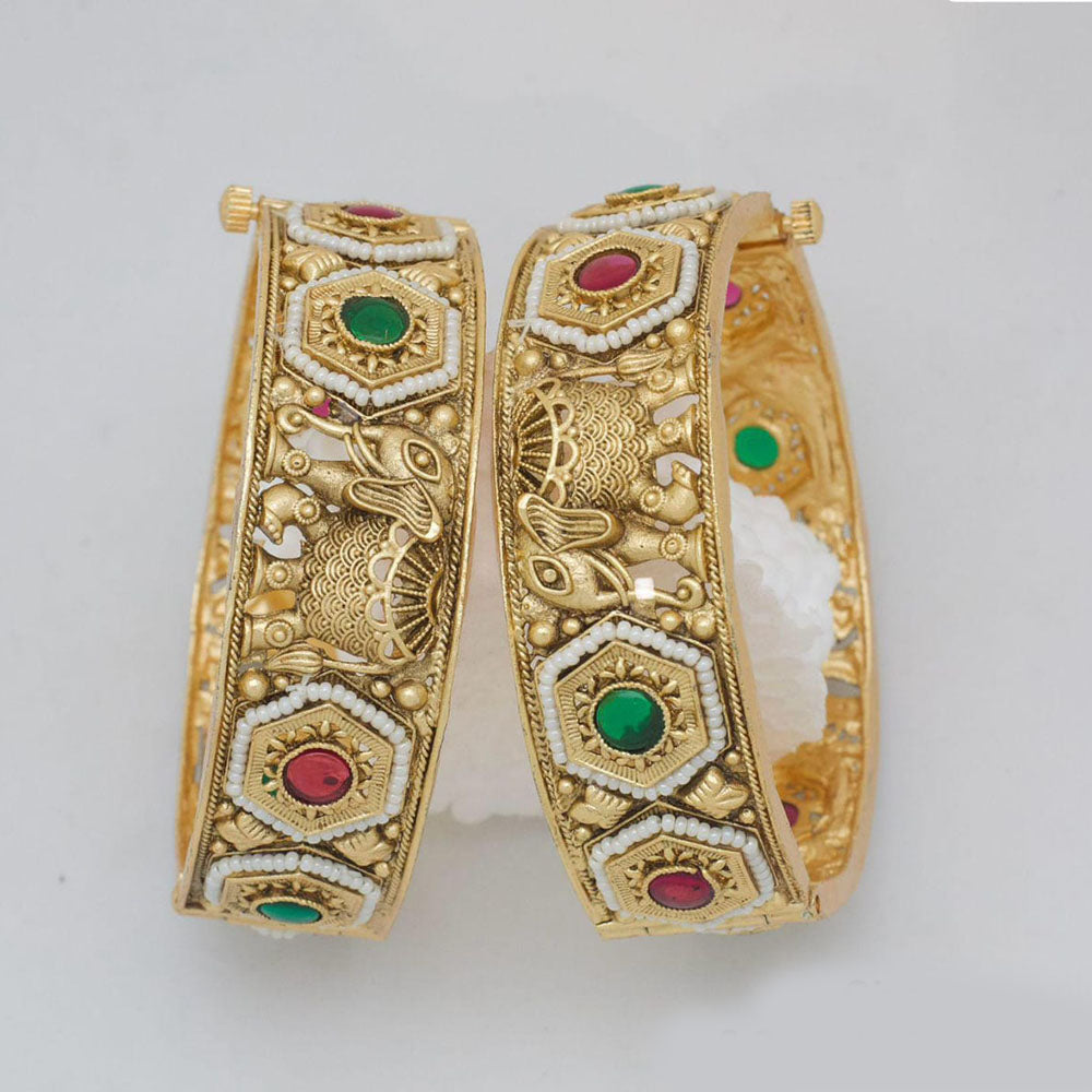 Pooja Bangles Gold Plated Pota Stone And Pearl Openable Bangles Set