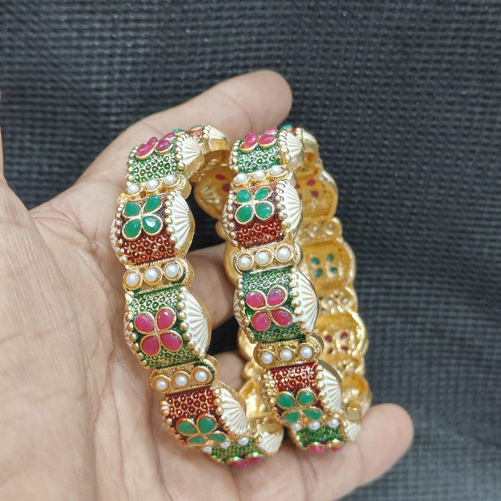 Pooja Bangles Gold Plated Pota Stone And Pearl Meenakari Bangles Set