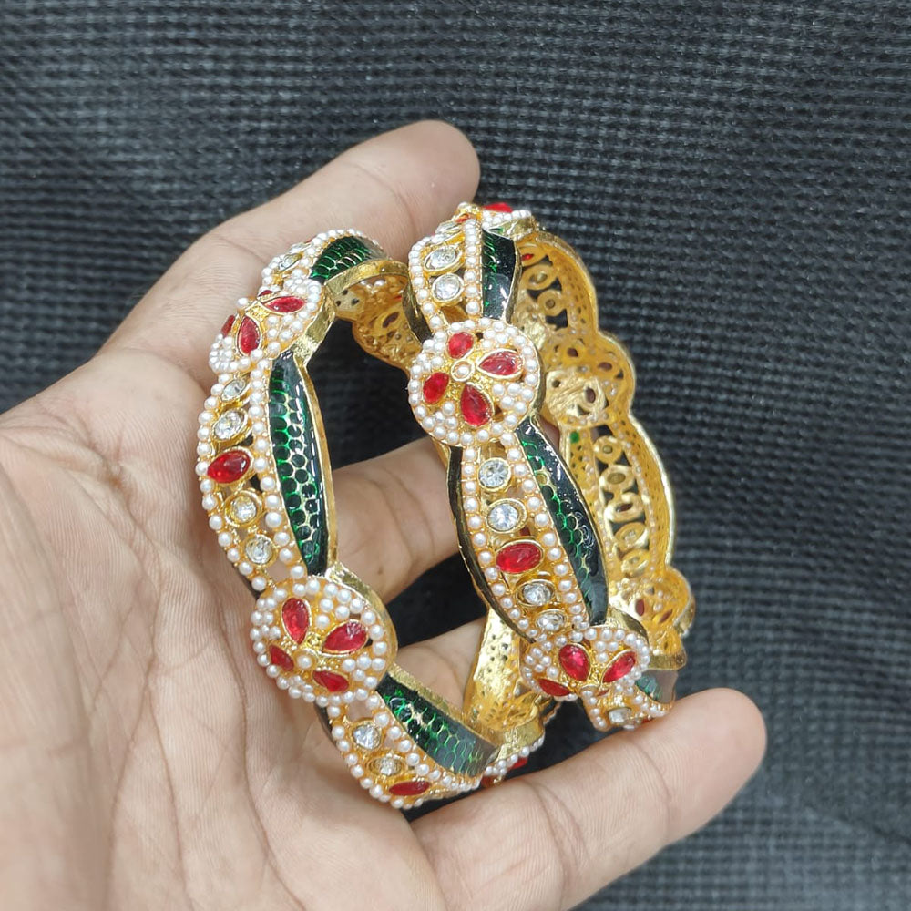 Pooja Bangles Gold Plated Pota Stone And Pearl Meenakari Bangles Set