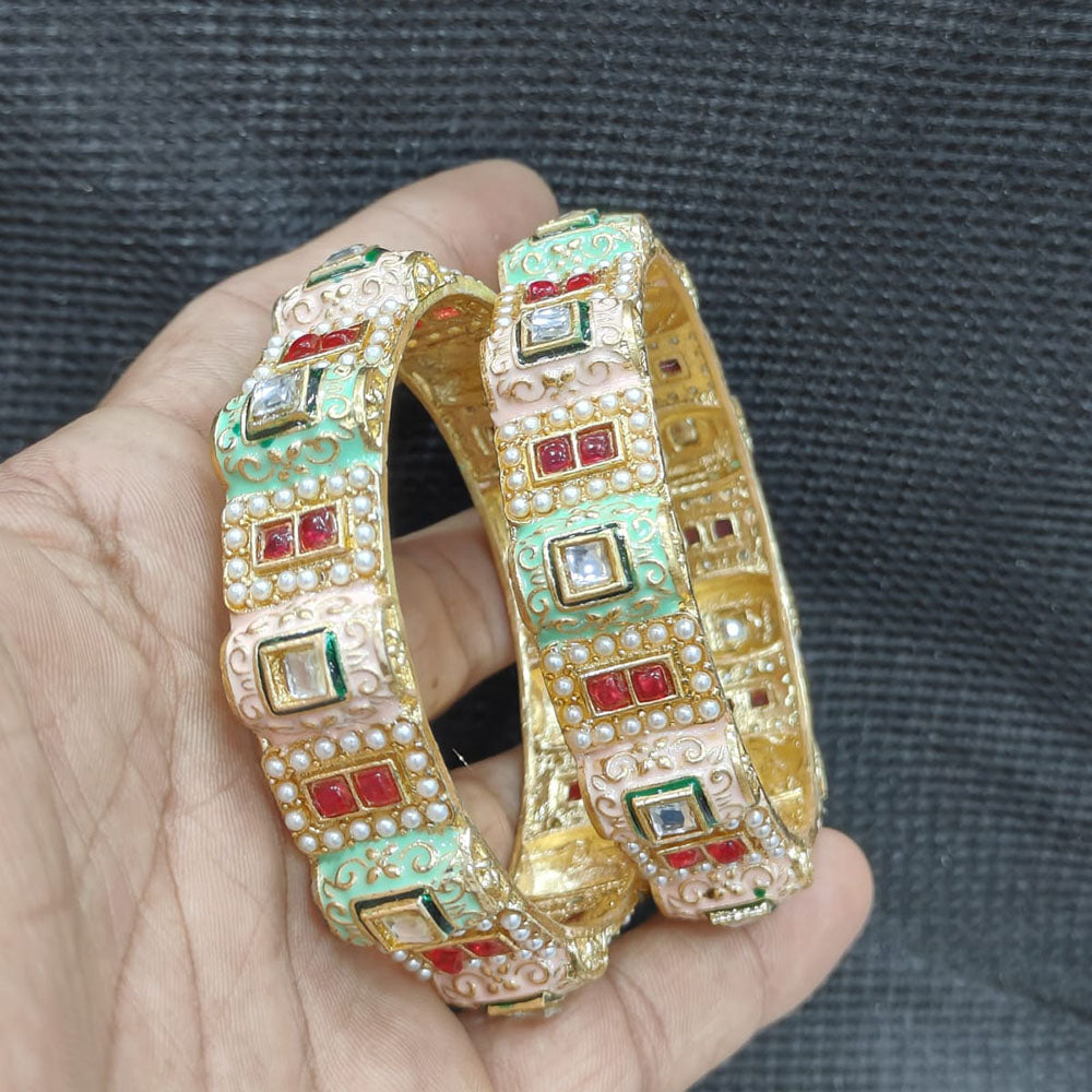 Pooja Bangles Gold Plated Pota Stone And Pearl Meenakari Bangles Set