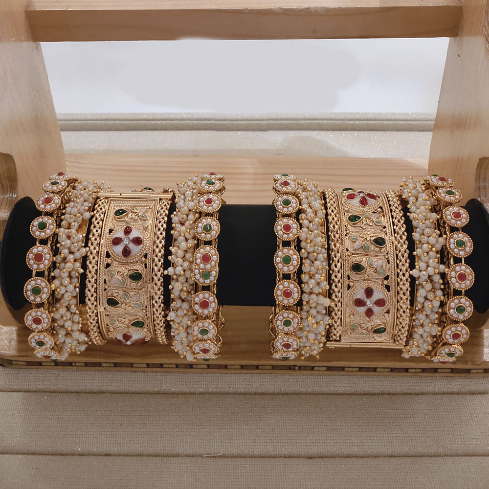 Pooja Bangles Gold Plated Pota Stone And Pearl Bangles Set