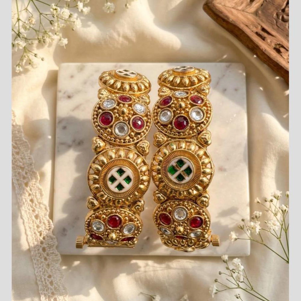 Pooja Bangles Elegant Meenakari Pearl And Pota Stone Openable Bangles Set