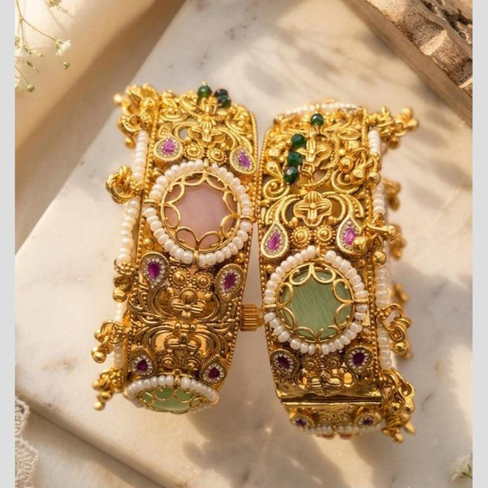 Pooja Bangles Traditional Pota Stone And Pearl Openable Bangles Set for Women