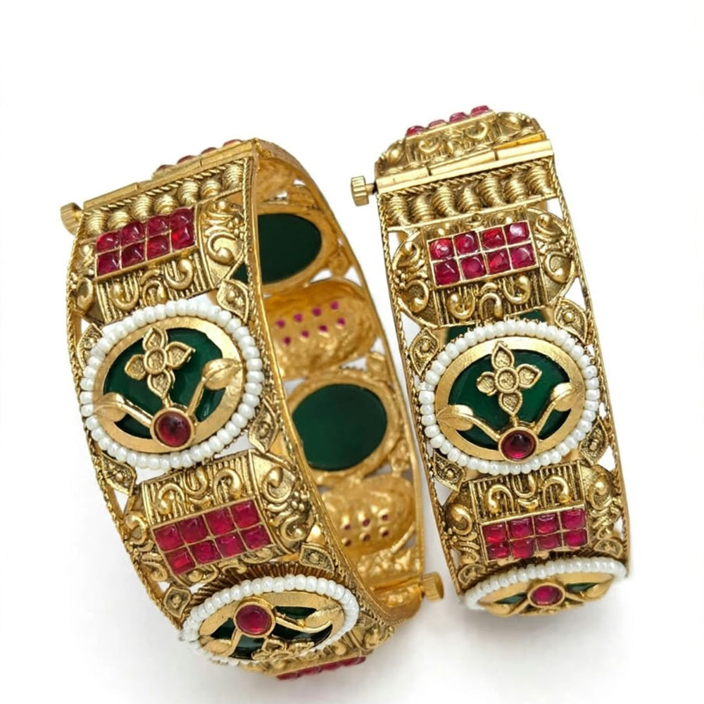 Pooja Bangles Premium Pota Stone And Pearl Openable Bangles Set
