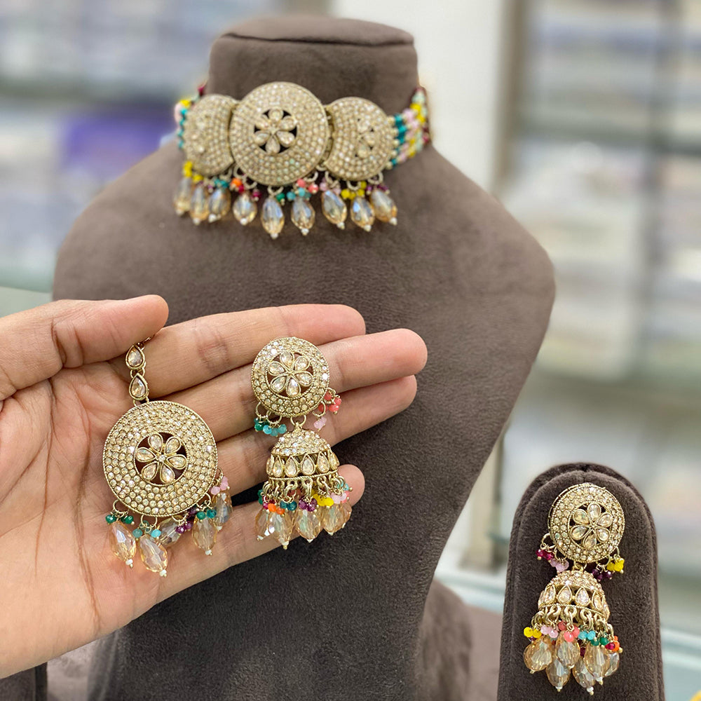 Hira Collections Gold Plated Crystal Stone And Beads Choker Necklace Set