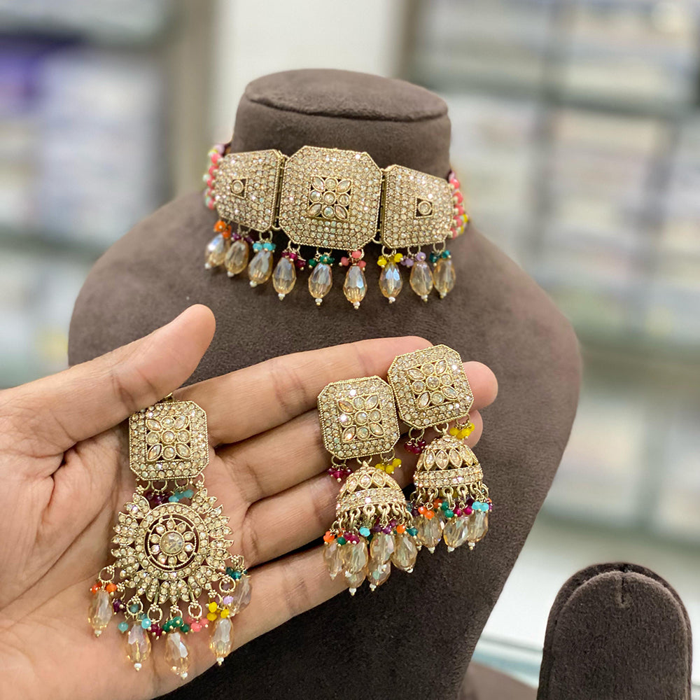 Hira Collections Gold Plated Crystal Stone And Beads Choker Necklace Set