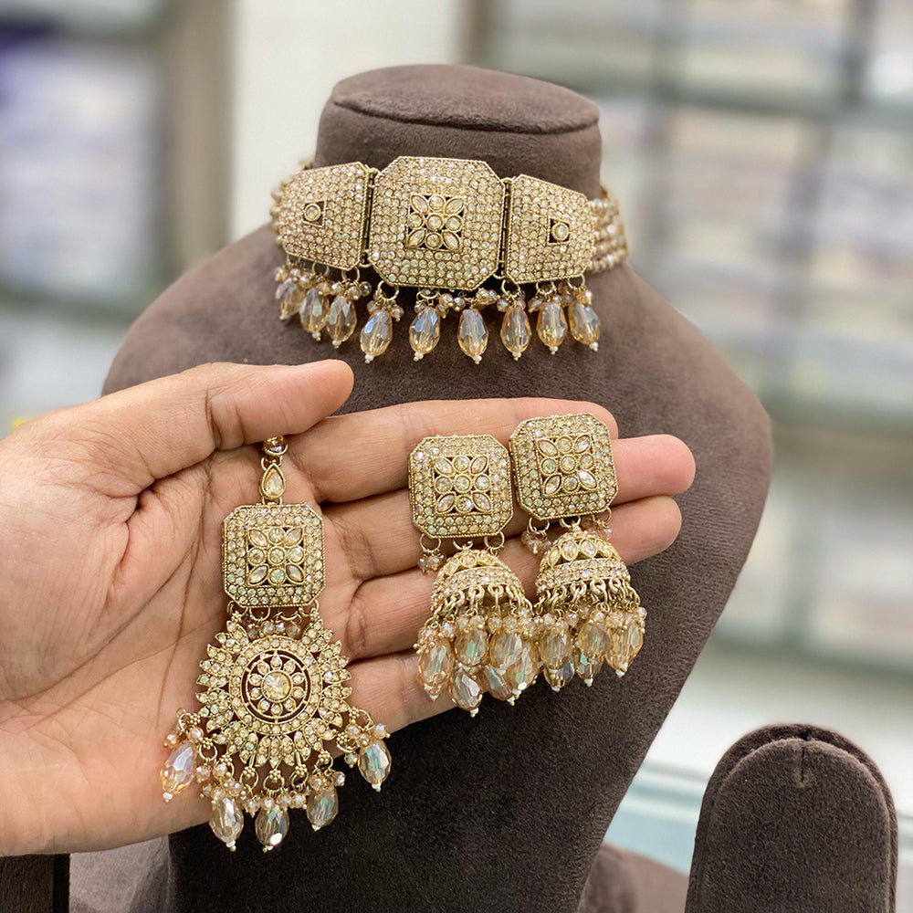 Hira Collections Gold Plated Crystal Stone And Beads Choker Necklace Set