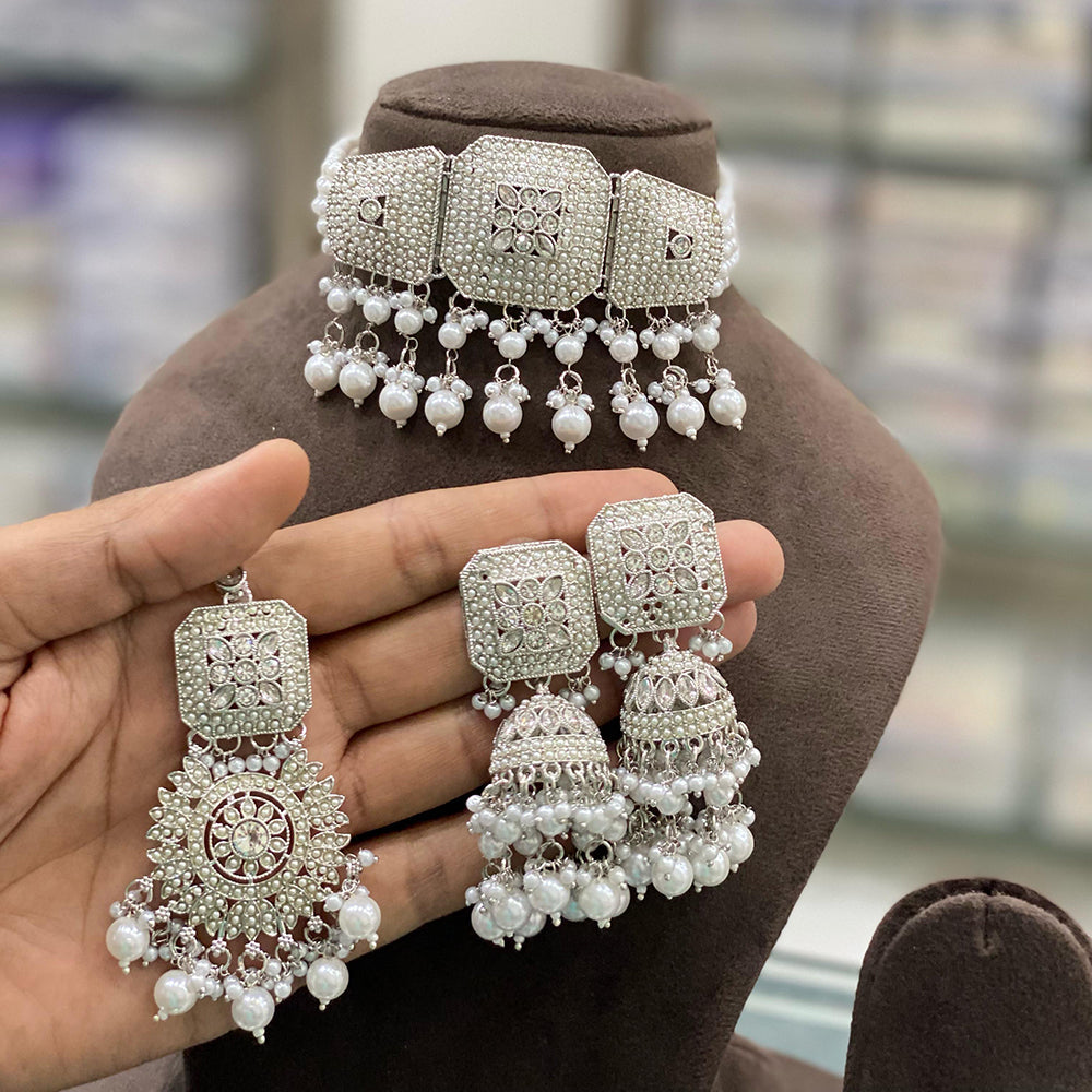 Hira Collections Silver Plated Crystal Stone And Beads Choker Necklace Set