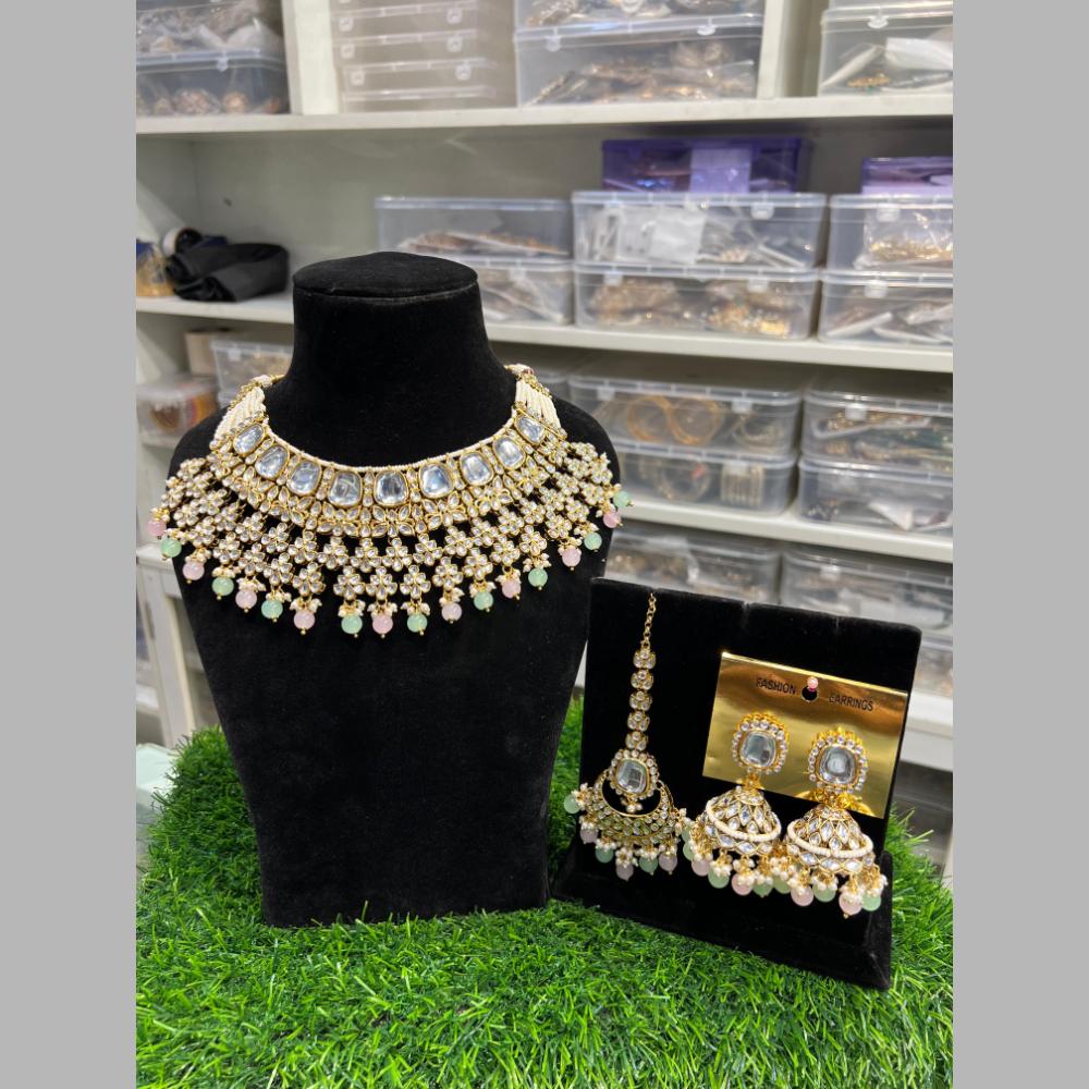 Hira Collections Gold Plated Kundan Stone And Beads Necklace Set