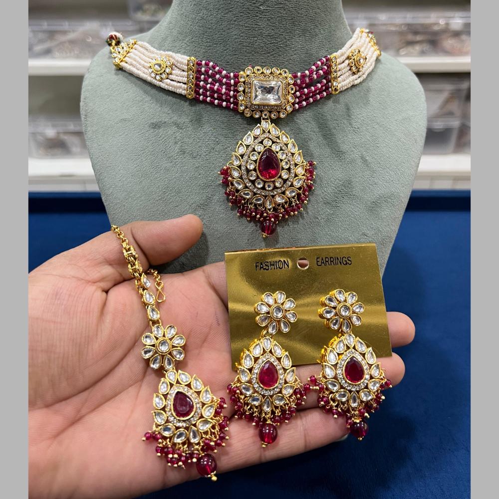 Hira Collections Gold Plated Kundan Stone And Beads Choker Necklace Set