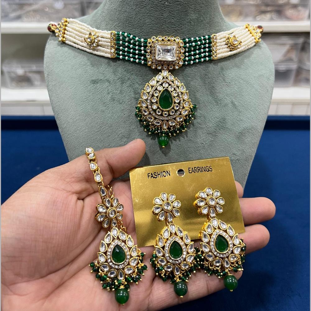 Hira Collections Gold Plated Kundan Stone And Beads Choker Necklace Set