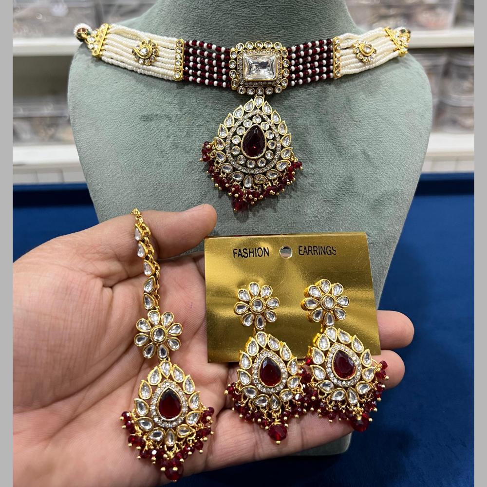 Hira Collections Gold Plated Kundan Stone And Beads Choker Necklace Set