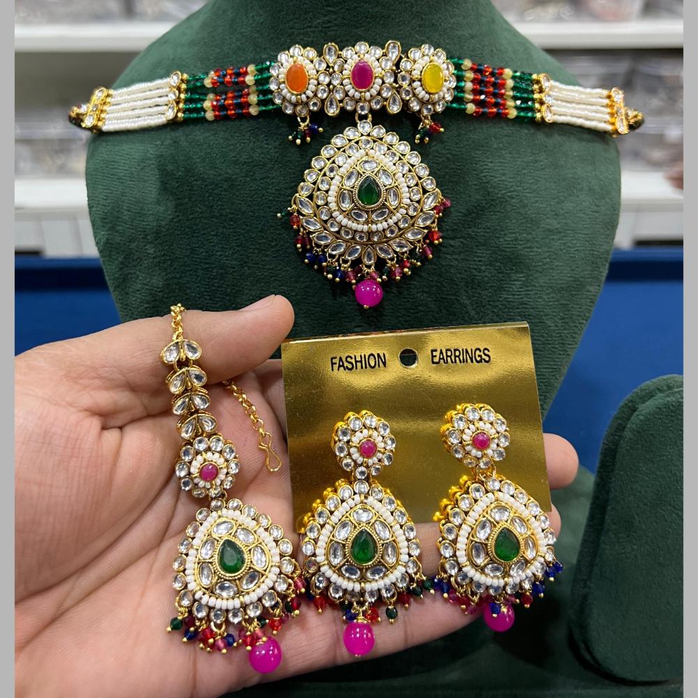 Hira Collections Gold Plated Kundan Stone And Beads Choker Necklace Set