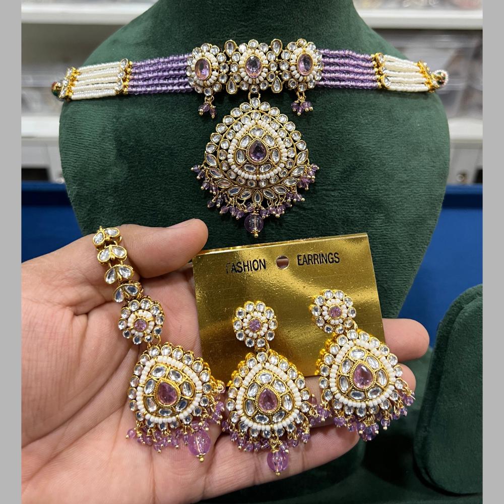 Hira Collections Gold Plated Kundan Stone And Beads Choker Necklace Set