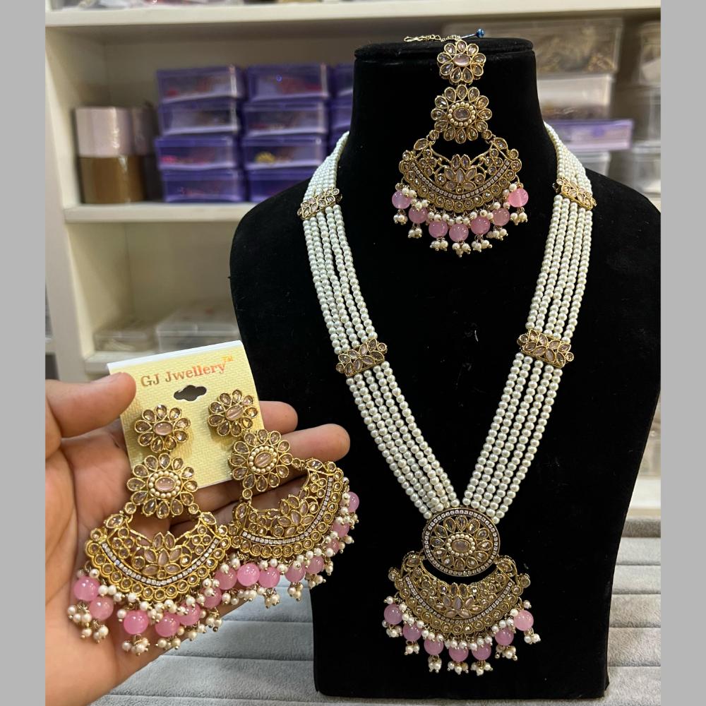 Hira Collections Gold Plated Crystal Stone And Beads Long Necklace Set