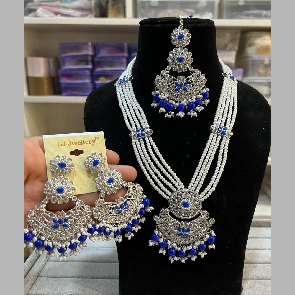 Hira Collections Silver Plated Crystal Stone And Beads Long Necklace Set