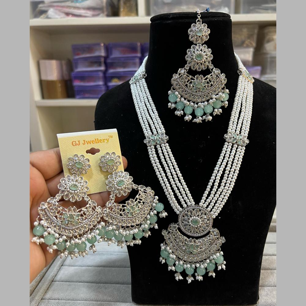 Hira Collections Silver Plated Crystal Stone And Beads Long Necklace Set