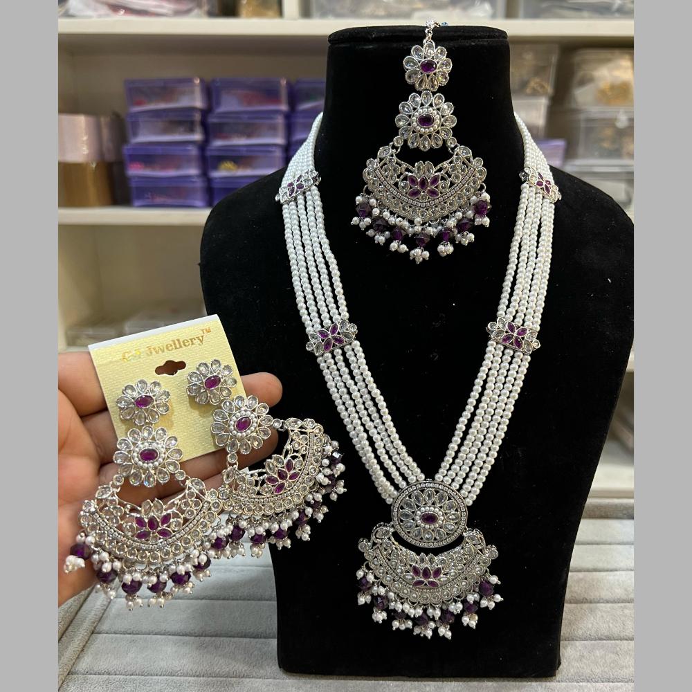 Hira Collections Silver Plated Crystal Stone And Beads Long Necklace Set