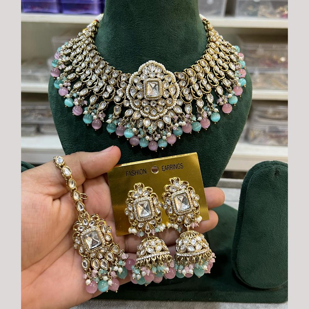 Hira Collection Gold Plated Kundan Stone And Beads Necklace Set