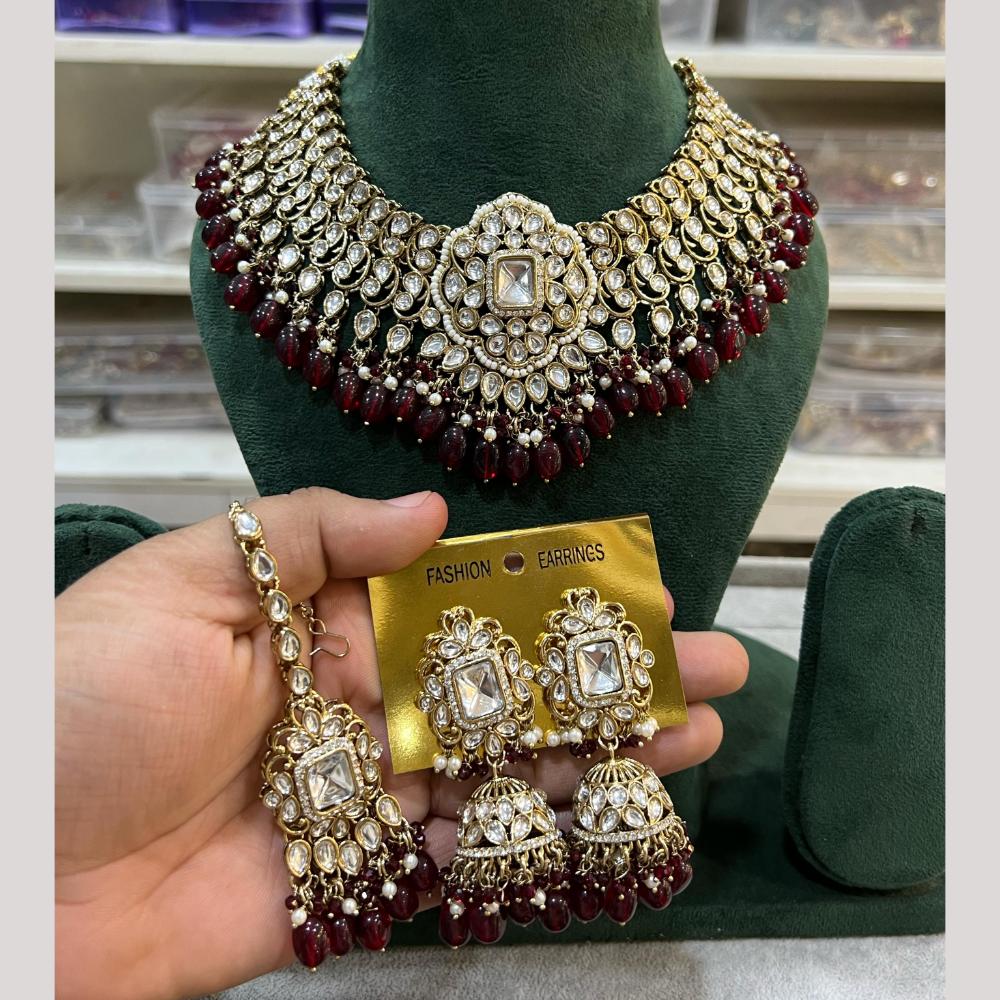 Hira Collection Gold Plated Kundan Stone And Beads Necklace Set