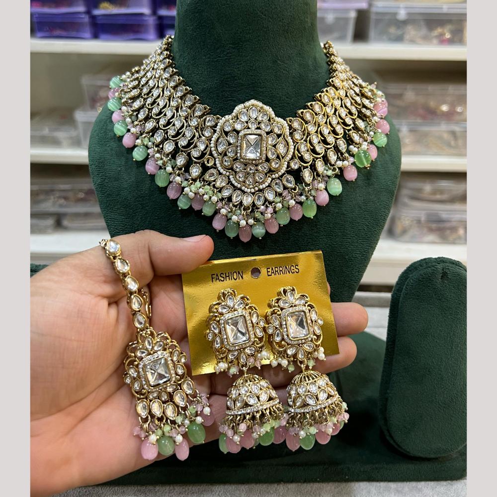Hira Collection Gold Plated Kundan Stone And Beads Necklace Set