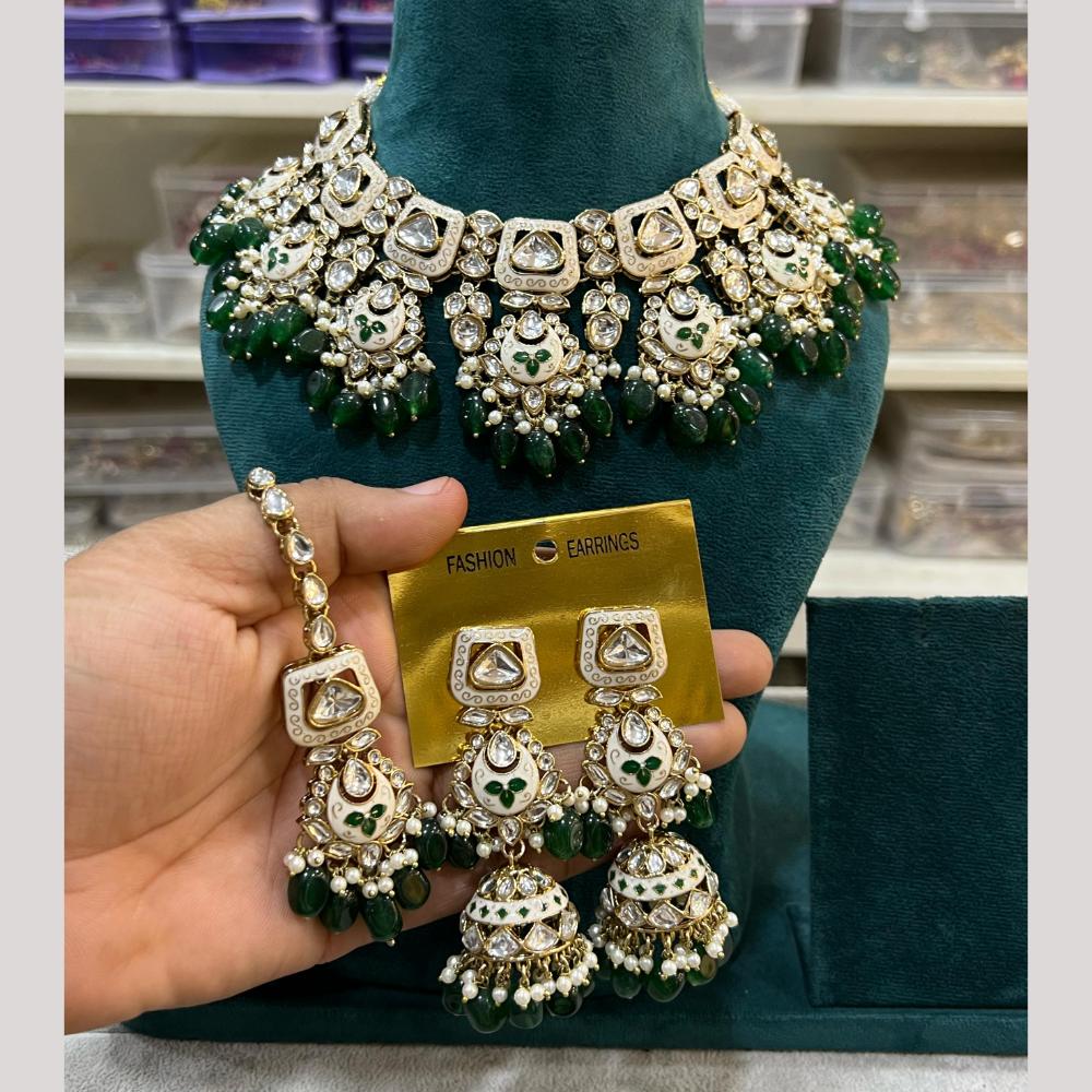 Hira Collection Gold Plated Kundan Stone And Beads Meenakari Necklace Set