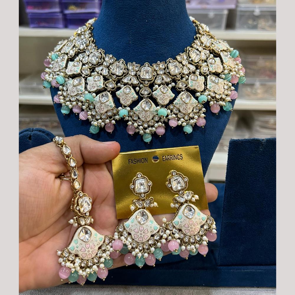 Hira Collection Gold Plated Kundan Stone And Beads Meenakari Necklace Set