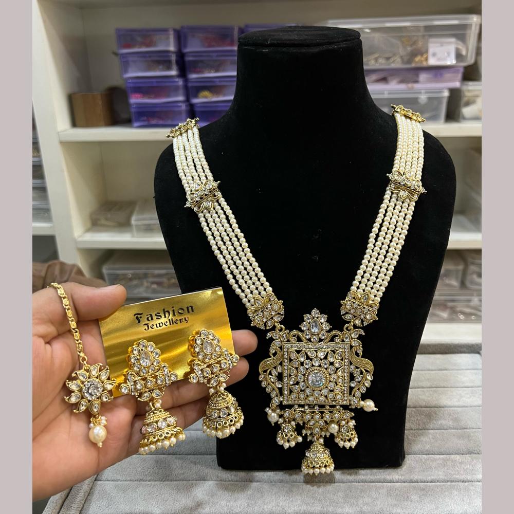 Hira Collections Gold Plated Kundan Stone And Beads Long Necklace Set