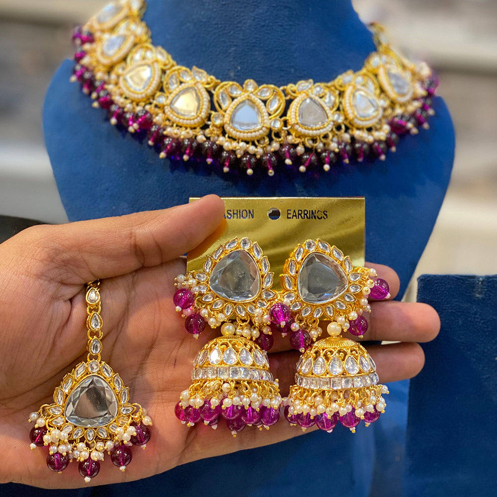 Hira Collections Gold Plated Royal Kundan Stone And Beads Necklace Set