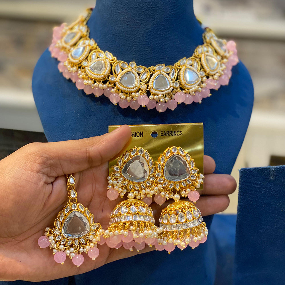 Hira Collections Gold Plated Royal Kundan Stone And Beads Necklace Set