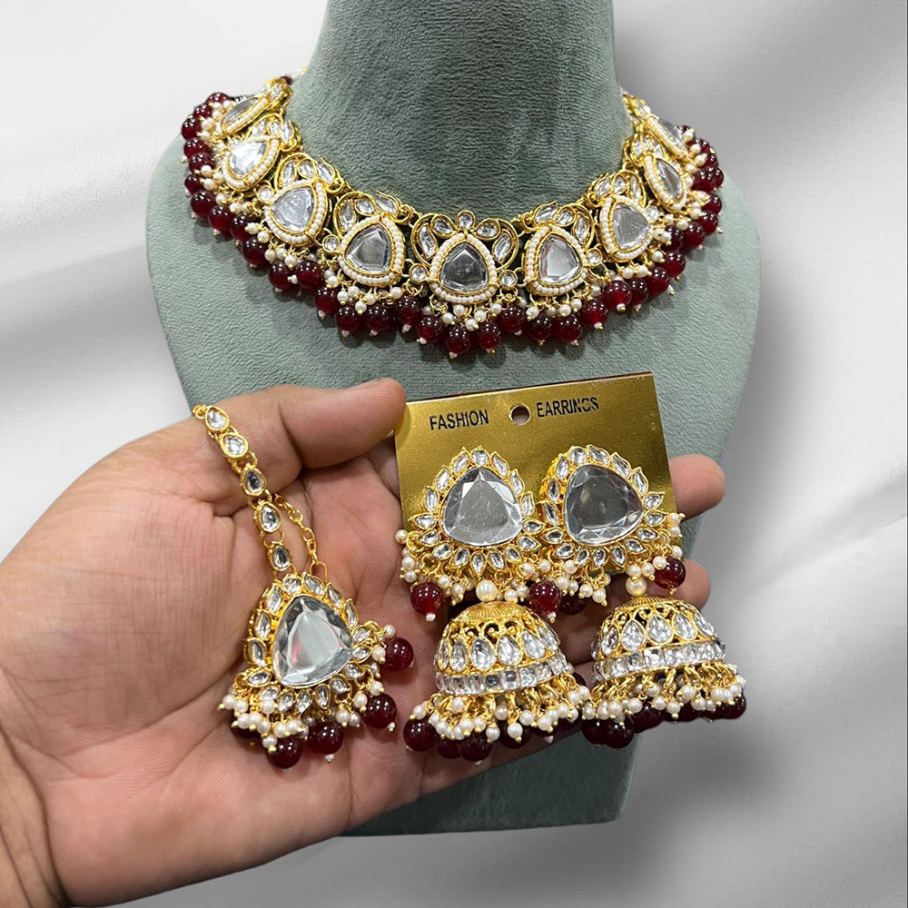 Hira Collections Gold Plated Royal Kundan Stone And Beads Necklace Set