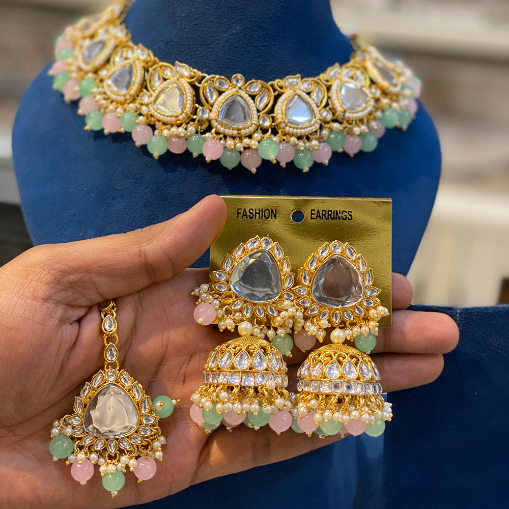 Hira Collections Gold Plated Royal Kundan Stone And Beads Necklace Set