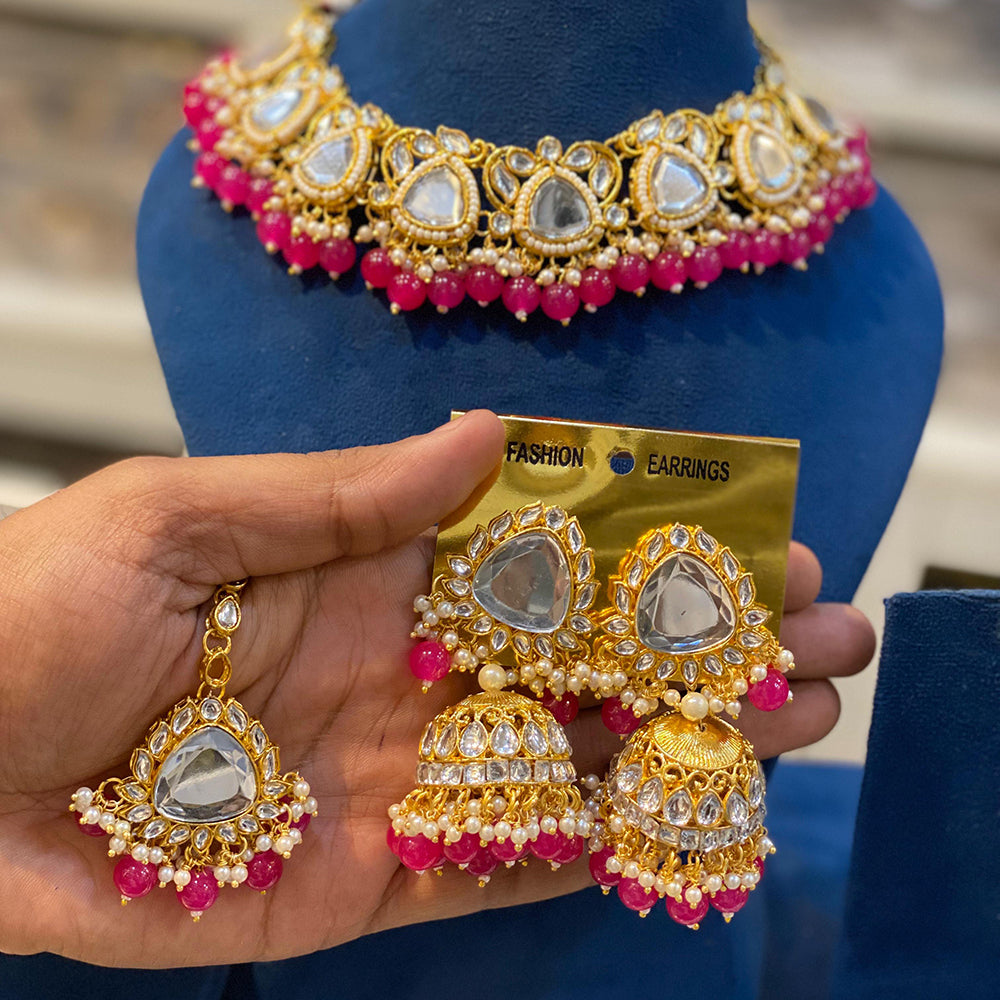 Hira Collections Gold Plated Royal Kundan Stone And Beads Necklace Set