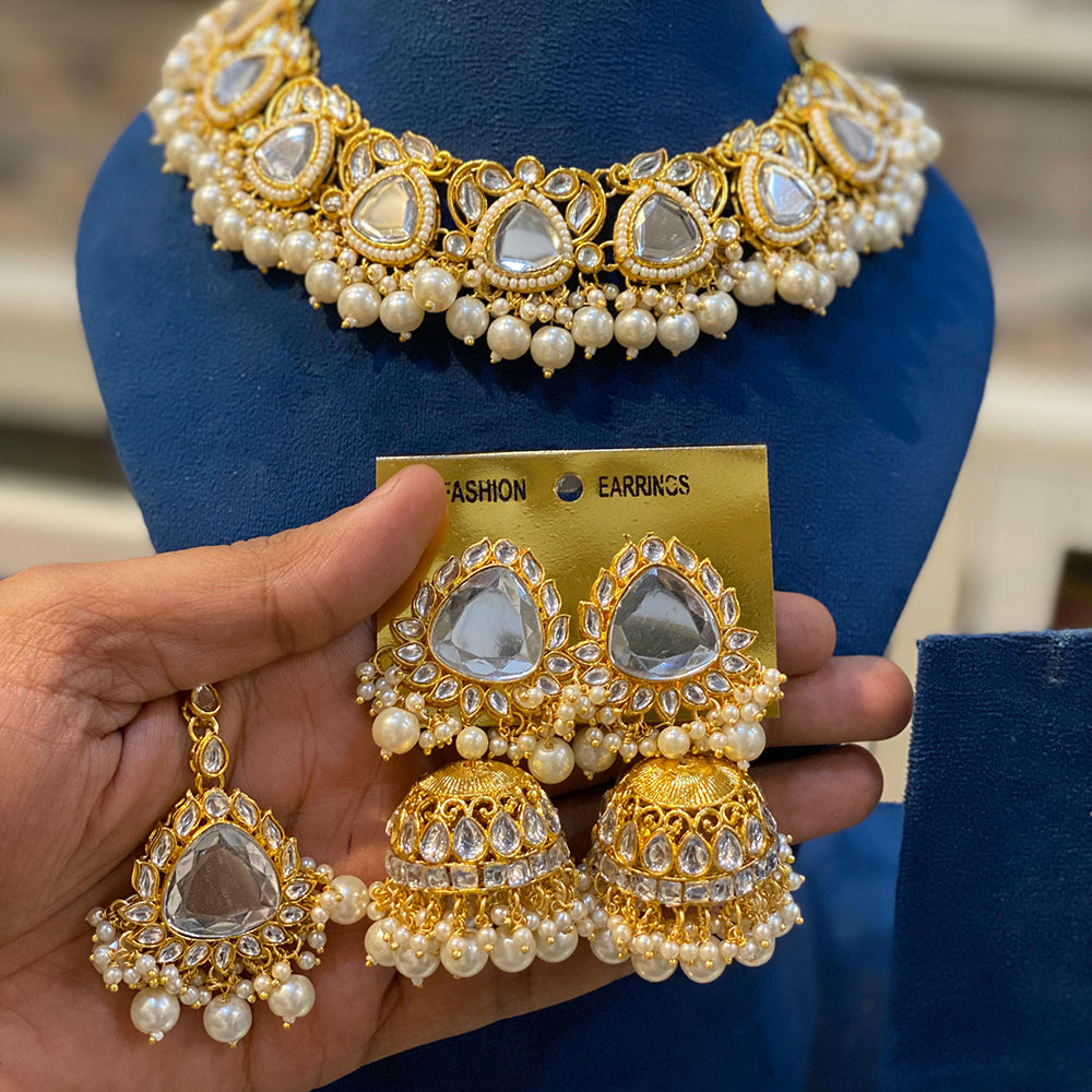 Hira Collections Gold Plated Royal Kundan Stone And Beads Necklace Set