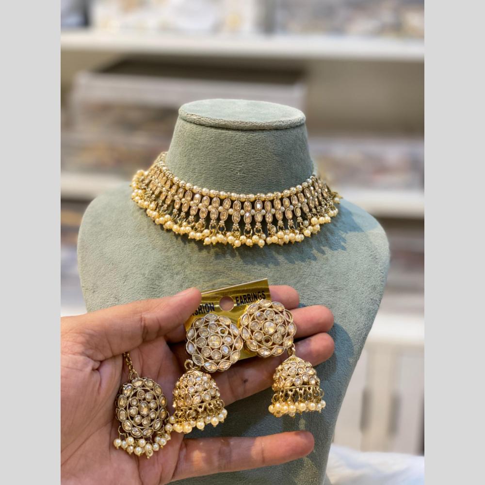 Hira Collections Gold Plated Crystal And Beads Choker Necklace Set