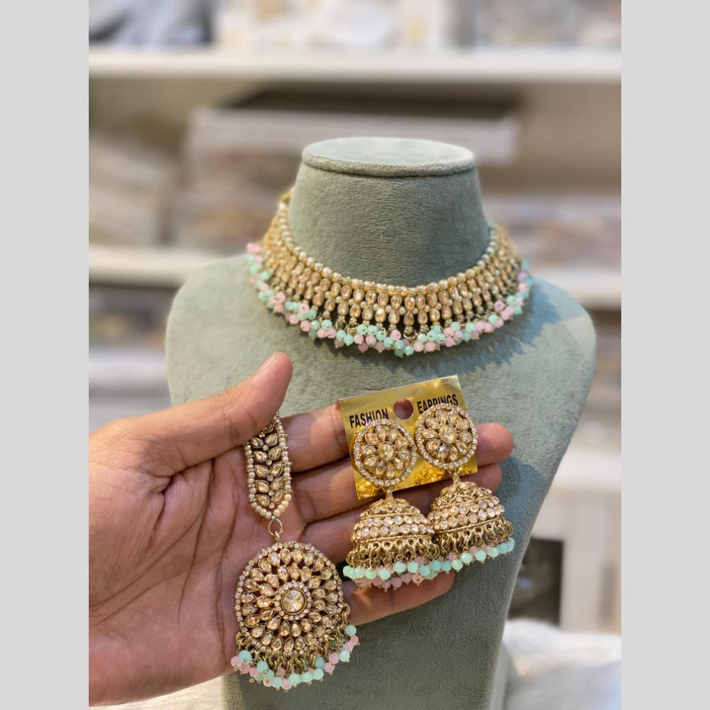 Hira Collections Gold Plated Crystal And Beads Choker Necklace Set