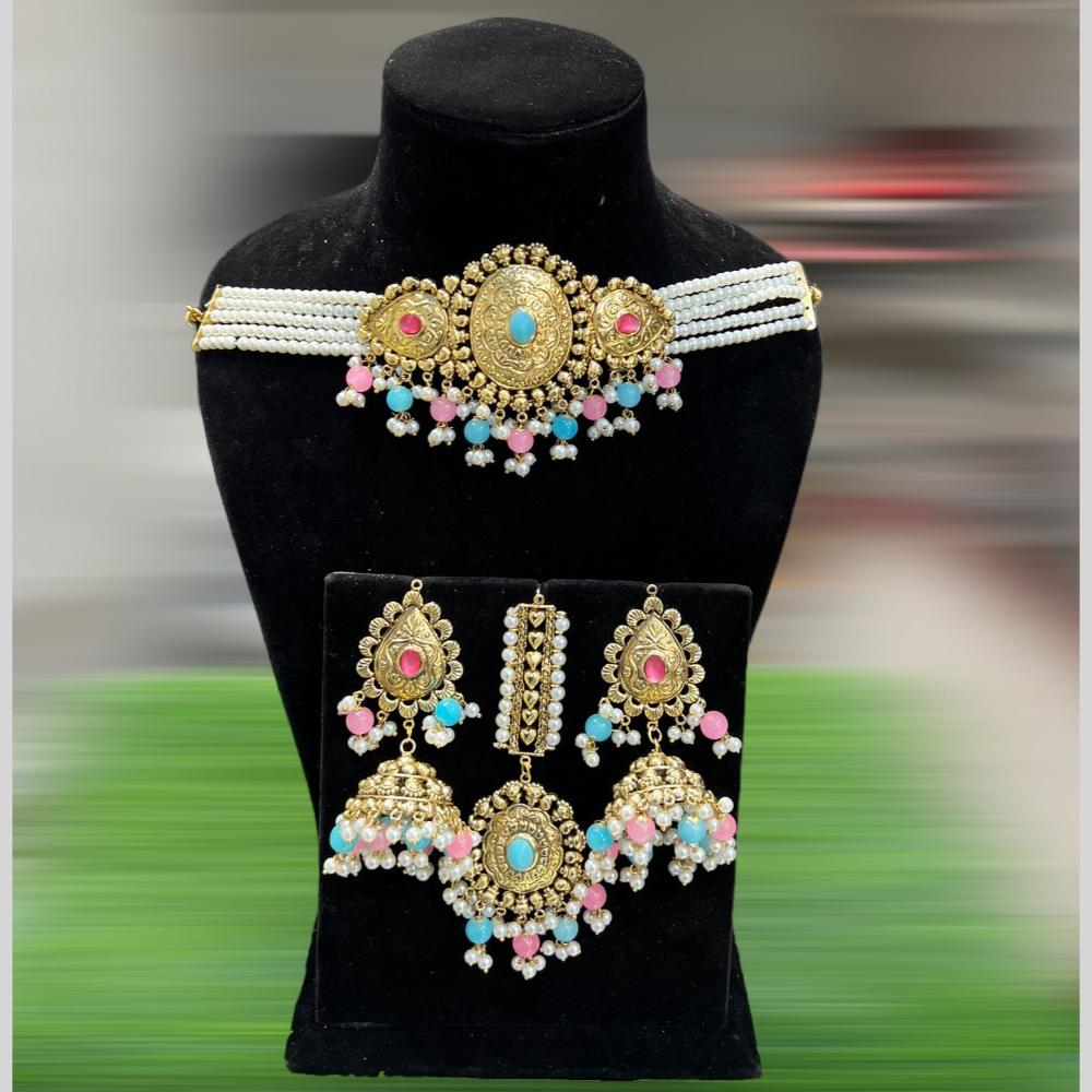 Hira Collections Gold Plated Pota Stone And Pearls Choker Necklace Set