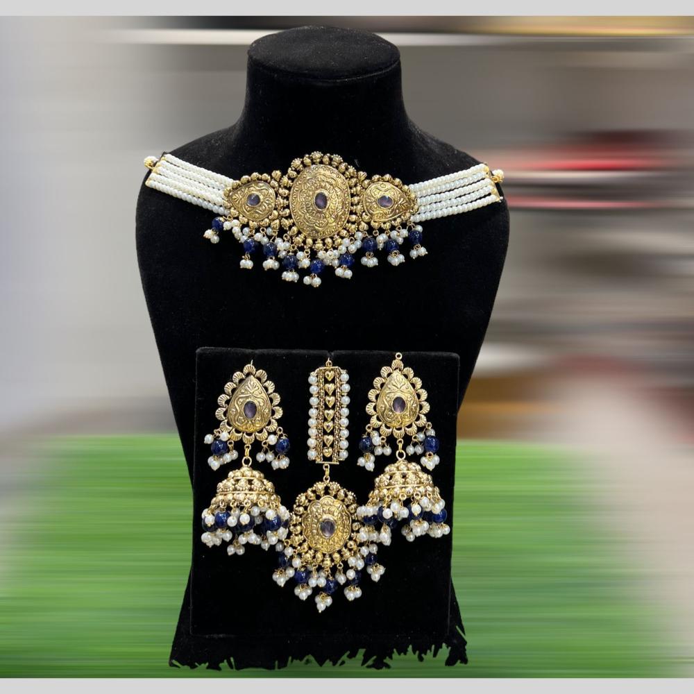 Hira Collections Gold Plated Pota Stone And Pearls Choker Necklace Set