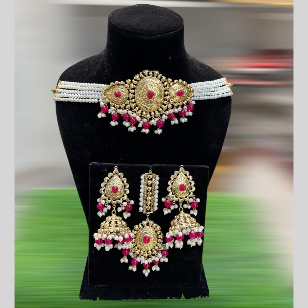 Hira Collections Gold Plated Pota Stone And Pearls Choker Necklace Set