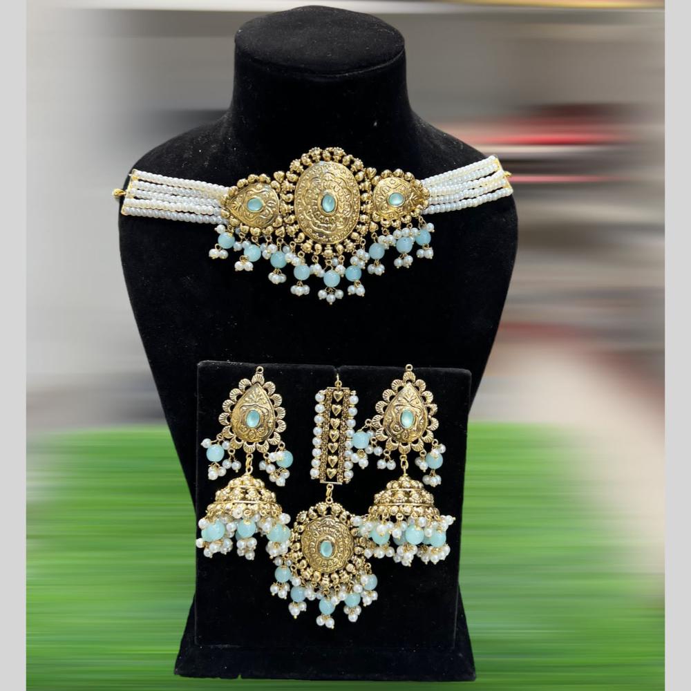 Hira Collections Gold Plated Pota Stone And Pearls Choker Necklace Set