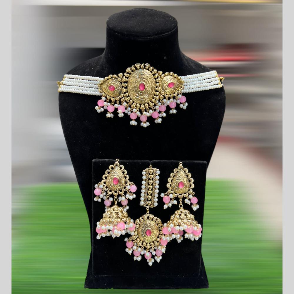 Hira Collections Gold Plated Pota Stone And Pearls Choker Necklace Set